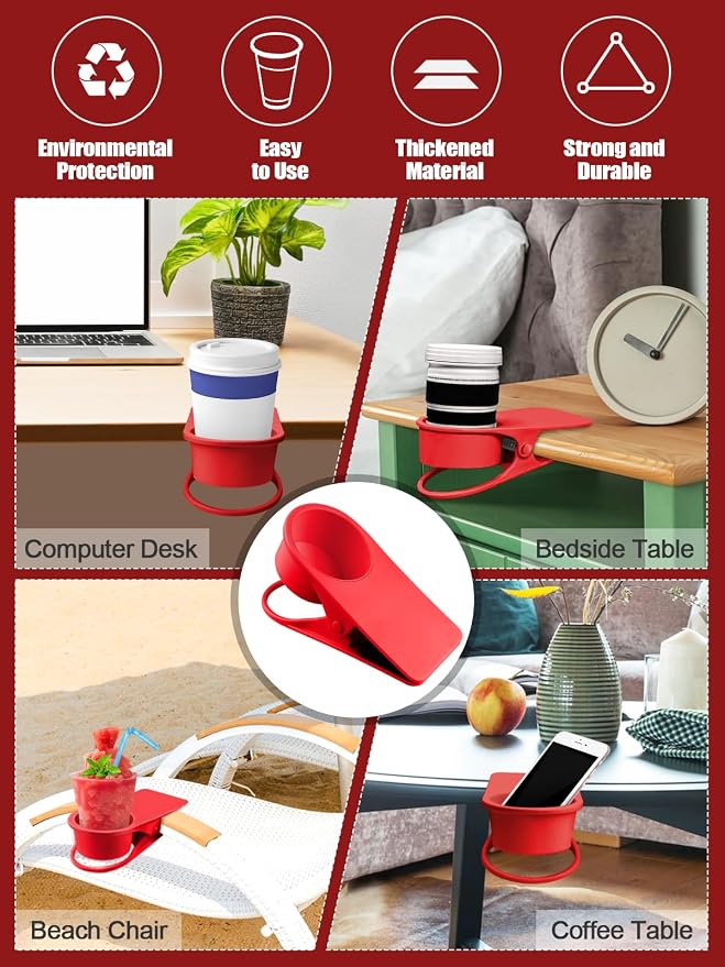 2PCS Clip on Cup Holder for Chair, Kalolary Desk Drink Holder Clamp, Red - Image 6