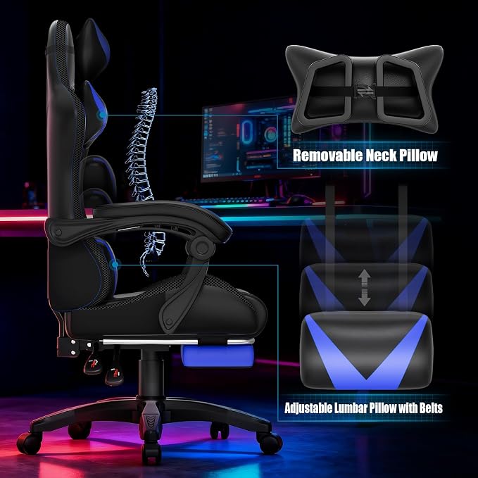 Czlolo Gaming Chair, Racing Style RGB LED Lights Gaming Chairs for Adults and Kids, Lumbar Massager Gamer Chair, High Back Reclining Computer Chair with Footrest and Headrest (Black/Blue) - Image 7
