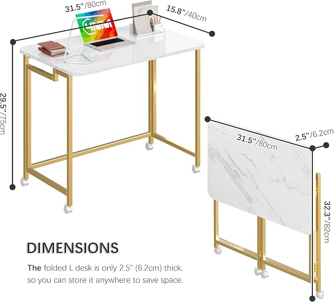 4NM 31.5" Mobile Small Rolling Computer Desk, Folding Laptop Cart Table with Wheels, Portable Office Desk for Small Space Couch Bed - White and Golden - Image 3