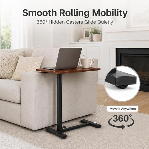 Mobile Standing Desk Adjustable Overbed Table, Pneumatic Height Adjustable Rolling Laptop Desk with Hidden Wheels, 0-180°Tilt Top Rolling Computer Cart Foldable for Home Office, Craft & Study, Brown - Image 6