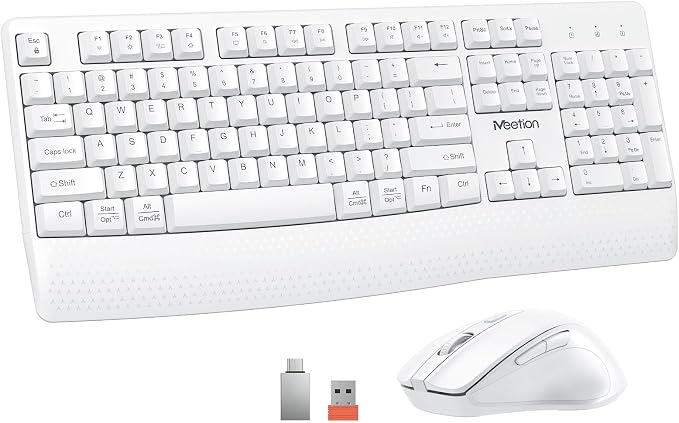 MEETION White Wireless Keyboard and Mouse Combo, Full-Size with Wrist Rest by MEETION