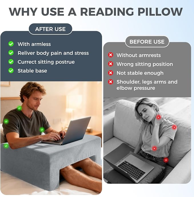 Reading Pillow for Gaming Lap Desk Pillow for Laptop with Cup Holder Pocket Foldable Memory Foam Bed Desk for Reading Working Crocheting Gaming Arm Rest on Bed/Sofa/Floor/Couch/Car(grey foldable) - Image 5