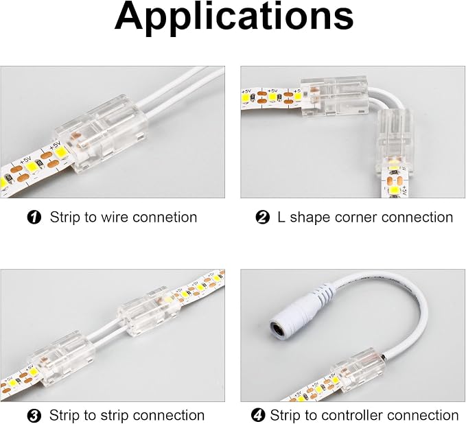 RGBZONE 10pcs 2-Pin 8mm LED Strip to Wire Connectors and 10m/32.8ft 2 Pin Extension Wire for Waterproof or Non-Waterproof Single Color LED Strip Lights(IP20/IP65) - Image 7