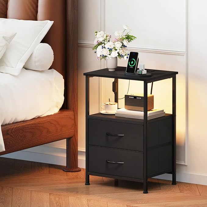 Somdot Nightstands Set of 2 with 2 Drawers, Charging Station & LED Light - Image 2
