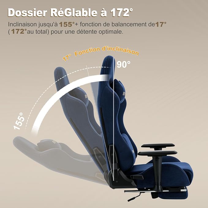 Symino Gaming Chair, High Back Ergonomic Office Chair with 2D Adjustable Armrests, 150° Recline, Breathable Faux Suede, Adjustable Headrest & Footrest for Home Office - Image 4