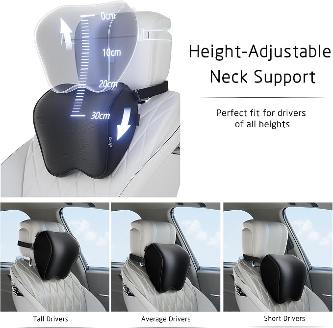 Crofy 2-Pack Car Neck Pillow, Headrest Pillow with Adjustable Strap, Black | Soft Memory Foam; Ergonomic Design Fits Most Car & Office Chairs; Breathable Removable Pillow Cover Is Machine Washable - Image 2