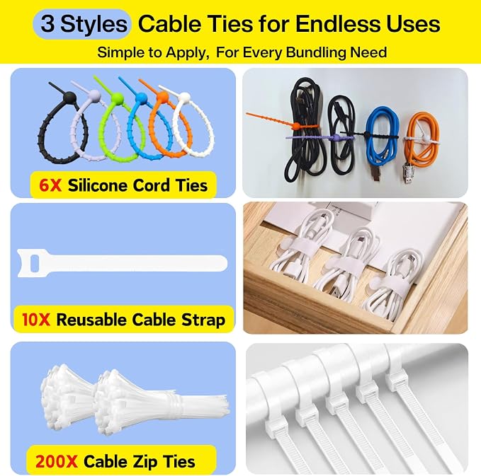 [261Pcs] Cable Management Kit, Cord Organizer, Complete Desk Cable Management Solution to Keep Desk Clean, Cable Organizer Accessories for Home Office Essentials, White - Image 3