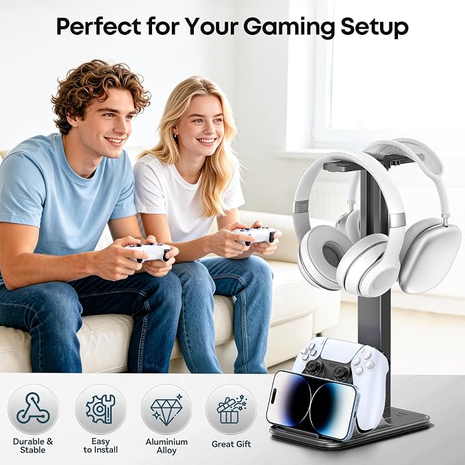 Height Adjustable Dual Headphone Stand, 360° Rotatable Gaming Headset Holder with Controller & Phone Stand, All-in-One Desk Organizer for PS5/Xbox/Switch Controllers/iPad, Desktop Game Accessories - Image 7