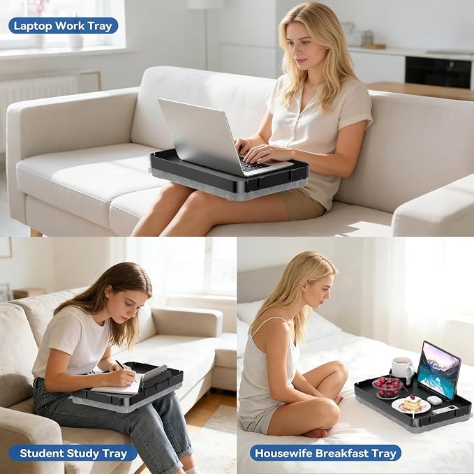 Lap Tray with Cushion Plastic Lap Desk with Cushion 15.5”Large Breakfast in Bed Tray with Removable Cushion & Cup/Phone Holder, Lap Table with Laptop Pocket for Couch TV Adults Eating Gaming Black - Image 8