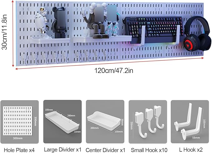 Gaming Pinboard, Desk Wall Organizer,Modular Wall Shelving For Gaming Rooms,White Plastic Desk Mounting Board,No-Drill Storage Rack For Gaming Rooms,Kitchens(47.2x11.8in) - Image 8