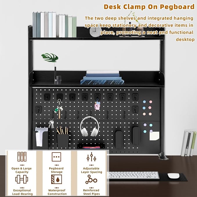 Clamp on Desk Pegboard, 39.4" W x 37.4" H Desk Extender Pegboard Bookshelf Computer Desk Accessories with Shelf for Tool Organizer Office, Privacy Panel for Gaming Desk, Black - Image 5