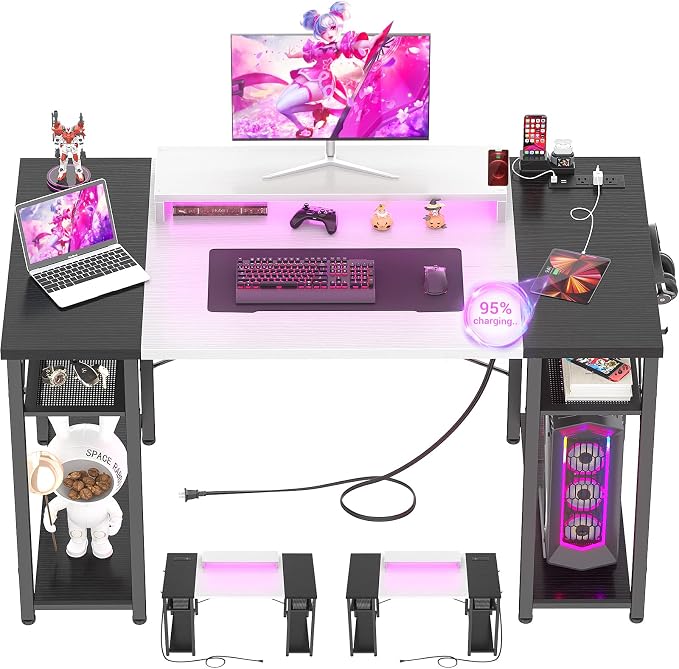 Armocity Computer Desk with LED Lights, 48 Inch Desk with Power Outlet and USB, Reversible Large Desk with Moveable Monitor Stand, 48'' Gaming PC Table for Home Office, Workstation, White and Black by Armocity