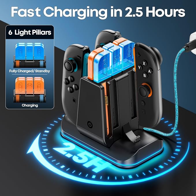 Switch 2/1 Compatible Controller Charging Dock, 6-in-1 Charger Station for 4 Joy-Cons & 2 Pro Controllers, 9 RGB Modes Fast Charging Stand for Switch 2 Accessories, with LED Indicator - Image 6