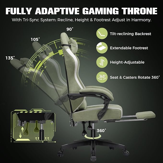 GTPLAYER Gaming Chair, Ergonomic Computer Chair with Footrest and Lumbar Support, High Back Recliner Chair 350lbs, Height Adjustable for Home Office, Green - Image 4