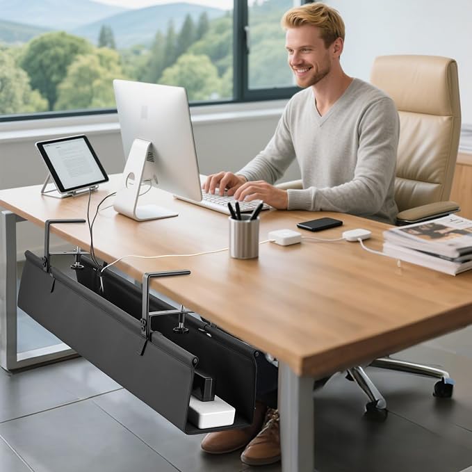 No Drill Large Under Desk Cable Management Tray, Fabric Cord Hider for Wire Organizer, Clamp/Screw Mount Cord Organizer, Standing Desk Cable Management for Office Home (Large (36 Inch)) - Image 6