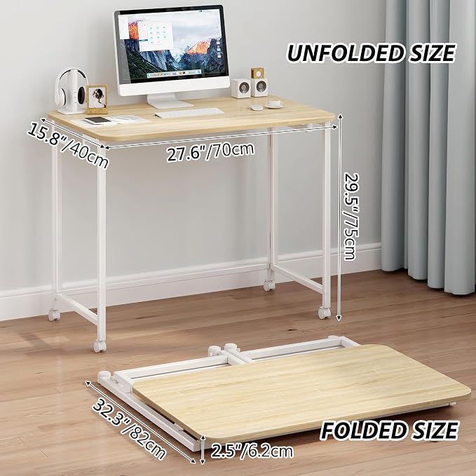 JSB Folding Desk for Small Spaces,Mobile Portable Rolling Laptop PC Table on Wheels,Foldable Computer Desk for Home Office,Bedroom,Dorm,Space Saving (Natural & White, 27.6") - Image 2