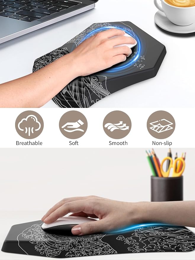 3-in-1 Ergonomic Keyboard Stand with Wrist Rest & Mouse Pad Set, Black Wave | Comfy Keyboard Riser Holder Soft Mousepad with Massage Design, Memory Foam and Non-Slip PU Base for Pain Relief - Image 5