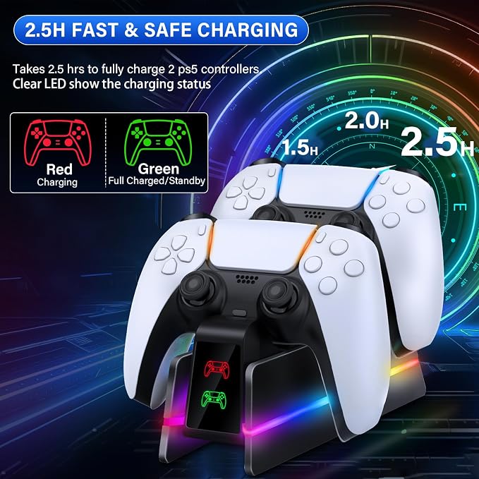 PS5-Controller-Charger-Station - Charging Station for PlayStation 5 Dualsense/Edge Controller with 9 Color Led Light, Fast Charging Dock & Holder Stand for PS5/Slim/Pro Remote - Whole Black - Image 3