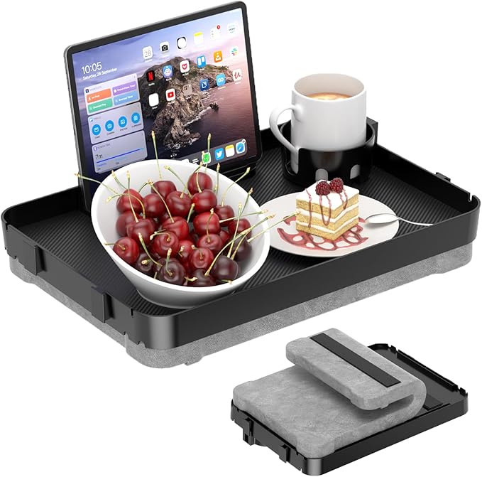 Lap Tray with Cushion Plastic Lap Desk with Cushion 15.5”Large Breakfast in Bed Tray with Removable Cushion & Cup/Phone Holder, Lap Table with Laptop Pocket for Couch TV Adults Eating Gaming Black by CLESOO