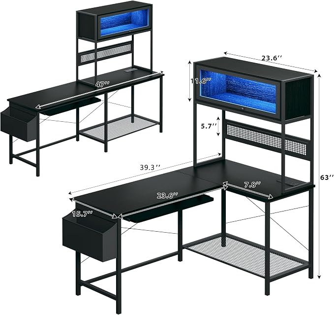 L Shaped Gaming Desk with Power Outlets & LED Lights, 39'' Small Reversible Computer Desk with Hutch & Pegboard & Display Cabinet, Corner Home Office Desk with Keyboard Tray & Storage Bag, Black - Image 3
