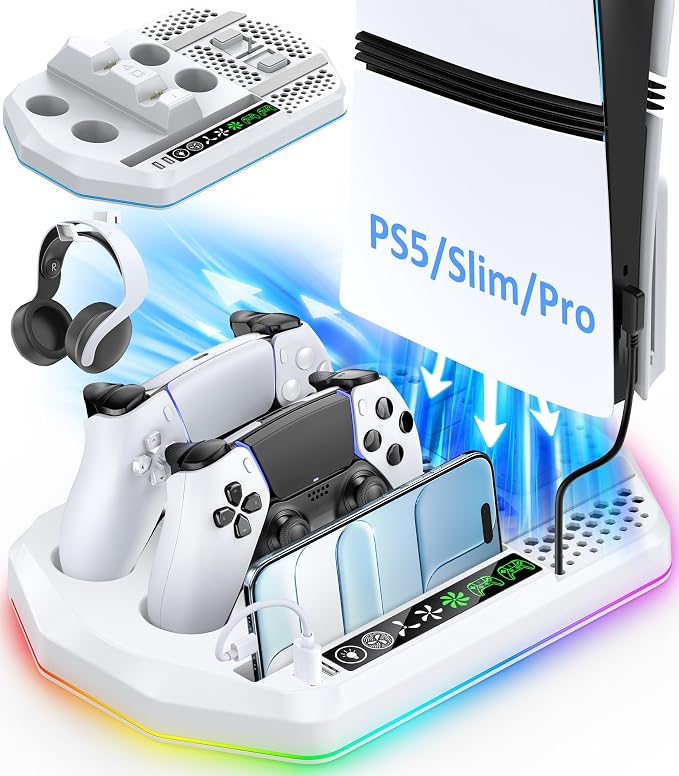 Cooling Station with Controller Charger for PS5/Slim/Pro, PlayStation 5 Vertical Stand for Disc & Digital Console, Dual PS 5 Controller Charging Station with 3 Level Cooling Fan, PlayStation 3 Games by OIVO
