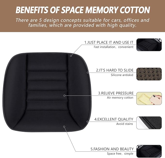 MYFAMIREA Car Seat Cushion Pad 1.2" Thick Comfort Seat Protector for Car Driver Seat Office Chair Home Use Memory Foam Seat Cushion with Non Slip Bottom, 20'' x 18.5'', Black - Image 2