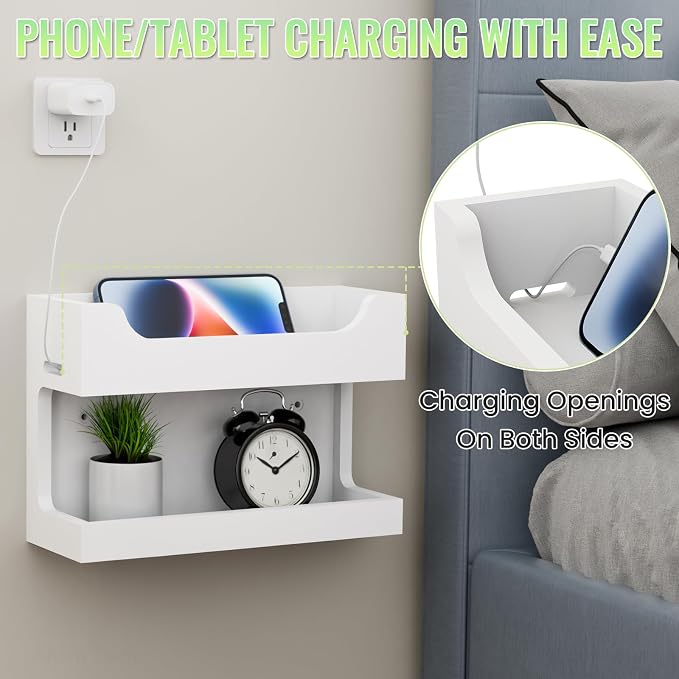 NiHome Bedside Wall Shelf Organizer, Wood 2-Tier Floating Nightstand, White - Image 4
