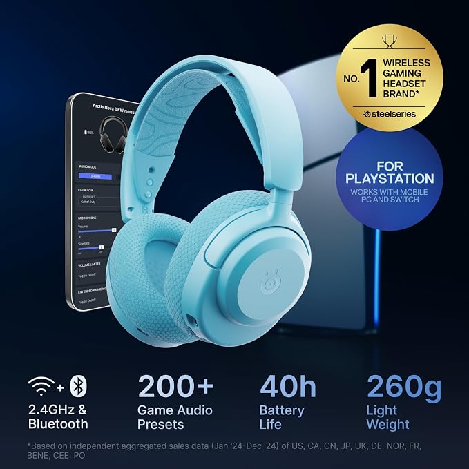 SteelSeries Arctis Nova 3P Wireless Multi-Platform Gaming Headset — Mobile App Control — 40 HR Battery — Neodymium Magnetic Drivers — 2.4GHz/Bluetooth — PS5, PS4, PC, Switch, Mobile — Aqua - Image 2