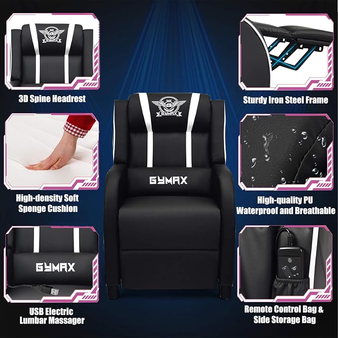 POWERSTONE Gaming Recliner Chair, Reclining Gaming Chairs for Adults Ergonomic Leather Sofa with Footrest Lumbar Support Headrest and Side Pouch for Living Room Home Theater, White - Image 5