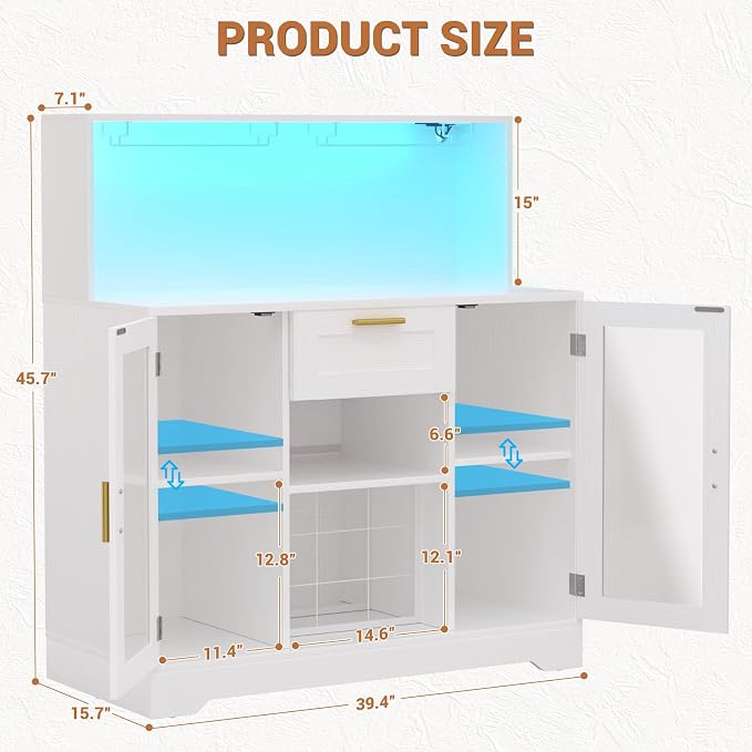 Unikito Coffee Bar Cabinet with RGB LED Light and Storage Hutch, White - Image 2
