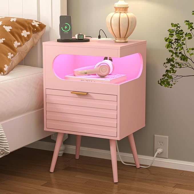 Veegle Nightstand,Modern Bedside Table with Storage Drawer and Open Wood Shelf, Accent Night Stand with Solid Wood Legs for Living Room, Bedroom and Small Spaces,Easy Assembly (Pink-1) by Unknown