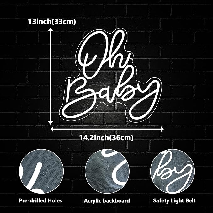 Oh Baby Neon Sign, Baby Shower LED Neon Light Signs for Backdrop Party Wall Decor Bedroom Light Up Sign for Gender Reveal Birthday Party Decorations Gift White Dimmable USB Powered(14.2"*12.9") - Image 3