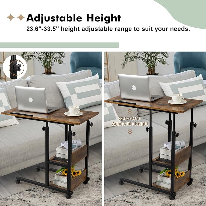 Hadulcet Adjustable C Table with Charging Station, Tiltable Desk C Shaped End Table for Couch, Over Bed Table with Wheels Adjustable Height, Hospital Table Laptop Stand Drawing Desk, Rustic Brown - Image 4