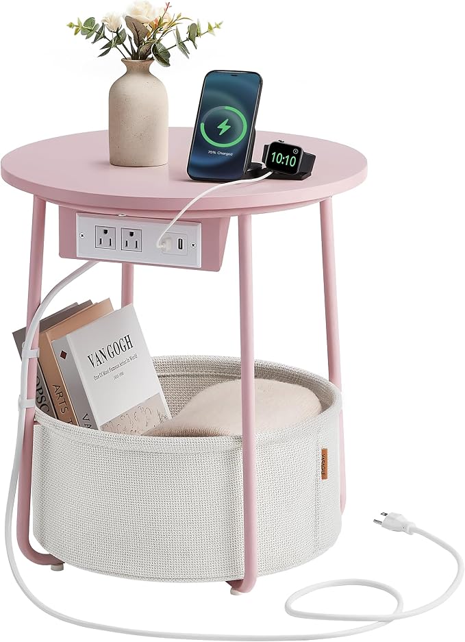 VASAGLE Side Table with Charging Station,Fabric Basket, Round End Table by Unknown