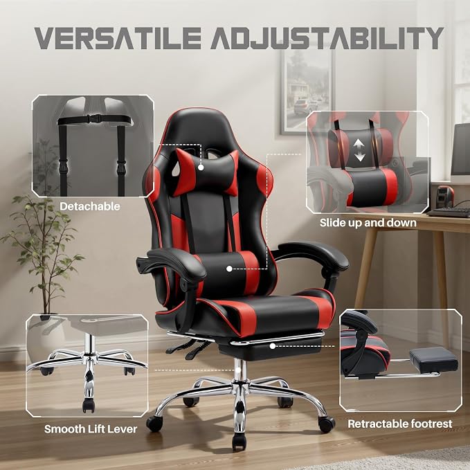 DUMOS Ergonomic Gaming Chair with Footrest, Home Office Desk Chair | PU Leather, Headrest, Linkage Armrests, Height Adjustable, 360 Swivel Reclining, Black Red - Image 5
