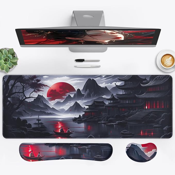 3-in-1 Large Gaming Mouse Pad, Anime Mouse Pad & Keyboard Wrist Rest Support, Memory Foam Ergonomic, Japanese Red Moon Desk Mat Set for Home Office Study Game, 31.5 X 11.8 Inch by Unknown