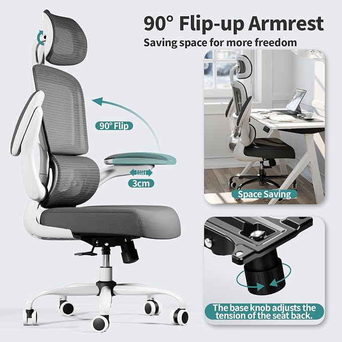 TRALT Office Chair Ergonomic Desk Chair - Gaming Chair with Lumbar Support (5, White) | 330 LBS Home Office Desk Chairs with Headrest, Reading Chair with Flip-up Armrests, Comfortable Computer Chairs (5, White) - Image 7