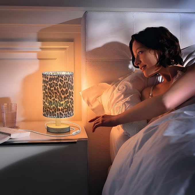 Bedside Table Lamp Leopard Print Nightstand Lamp with Wood Desk Lamps for Bedroom Living Room Nursery Office Home Decor - Image 5