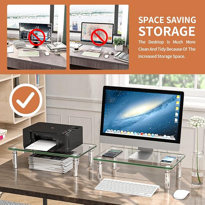 Hemudu 2 Pack Monitor Stand - 3 Adjustable Height Riser, Computer Stand, Desktop Organizer for PC, Laptop - Clear - Image 4