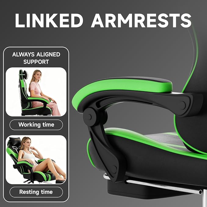 Ergonomic Gaming Chair,A Versatile 3-in-1 Video Game Chair for Work, Study, and Gaming,Features an Adjustable Backrest, Footrest, and Linked Armrests Office Chair for Adults,Blackgreen - Image 6