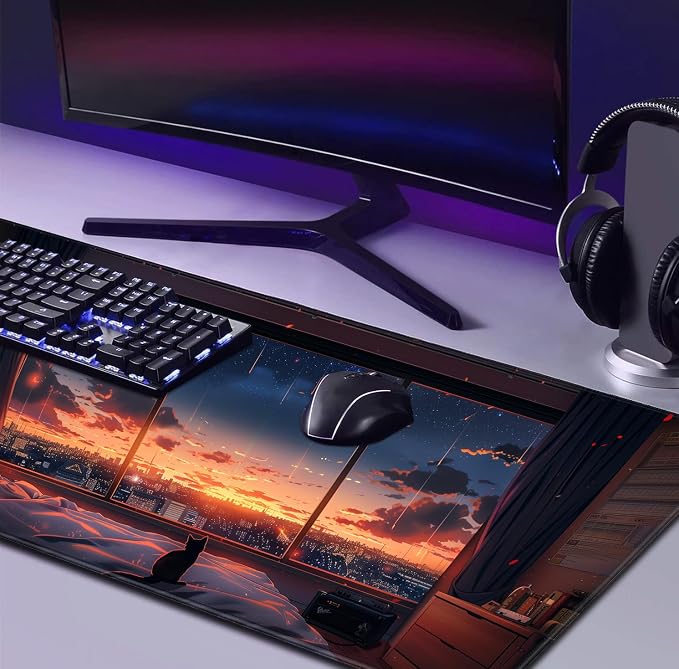 Sunset Night Cat Mouse Pad, Summer Night Scene Decoration Game Table Pad XL | Large Extended Mouse Pad; Full Desk Coverage; Waterproof Coating; Stable Anti-Slide Base For Gaming, Office, Study Daily Use - Image 4