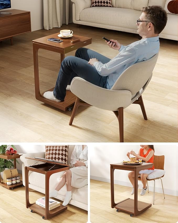 AQIMUELE Wooden C-Shaped End Table,Couch Table with Adjustable Desktop,Small Rolling Side Table with 2 Lockable Wheels,Small End Table for Couch, Living Room,Bedroom (Walnut) - Image 7