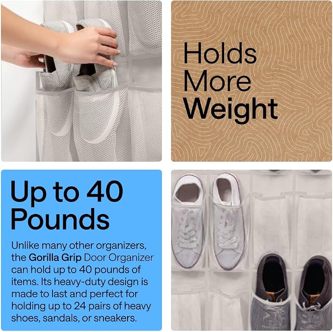 GORILLA GRIP Over the Door Shoe Organizer, 24 Large Pockets, Linen - Image 3