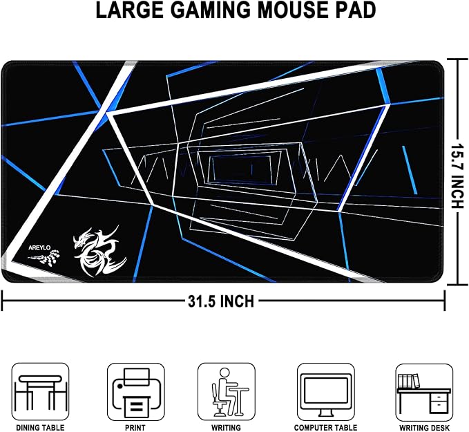 Gaming Mouse Pad Large, Waterproof Extra Large Mousepad with Stitched Edges, 31.5" x 15.7" Non-Slip Rubber Base Office Big Long Keyboard Pad for Office Gamer Home XXL, (Blue Square) - Image 3