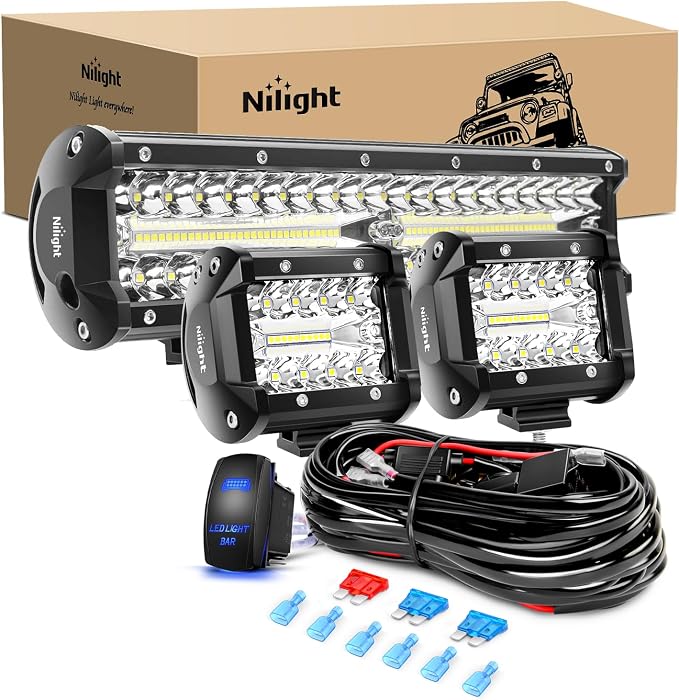 Nilight LED Light Bar 12 Inch 300W Spot Flood Combo 2 Pcs 4 inch 60W LED Pods Boat Driving Fog Lights with Off Road Wiring Harness- 3 Leads for Trucks Pickup Golf Cart SUV ATV UTV 4x4 Van Camper by Nilight