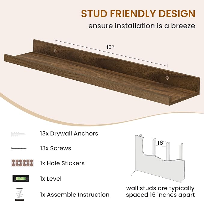 Picture Ledge Shelf, Floating Shelves for Wall Decor, Walnut, 6Pcs, 24'' - Image 5