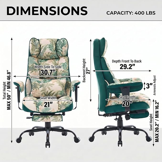 Efomao Watercolor Fabric Executive Office Chair Home Foot Rest, Green | Soft Breathable Computer Desk Seat, Plush Comfy Cushion, Aesthetic Pastel Floral Patterns for Studio Vanity Cozy Setup - Image 2