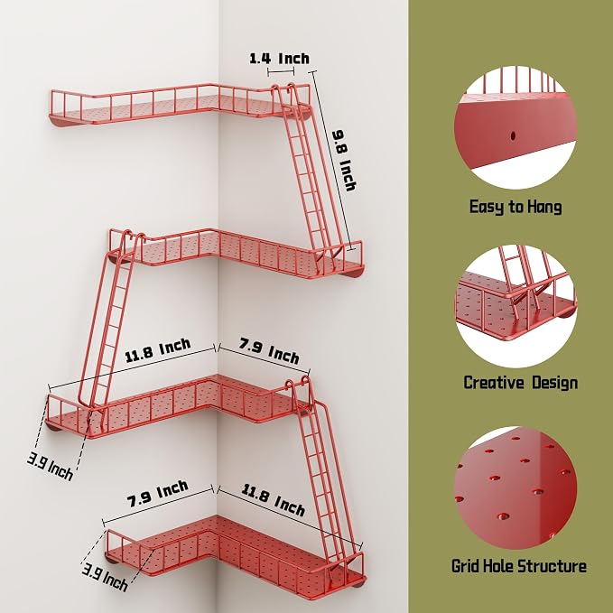 Fire Escape Wall Shelf - Modern City Style 4-Tier Corner Wall Shelves, Easy to Install Metal Ladder Shelf for Figures, New York Decorative Shelves for Bathroom, Living Room & Home Decor, Red - Image 3