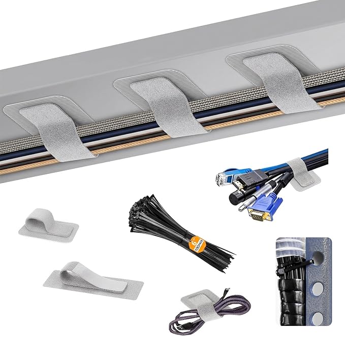 Under-Desk Cable Management Kit: 20 Adhesive & 100 Zip Ties (Grey) by Unknown