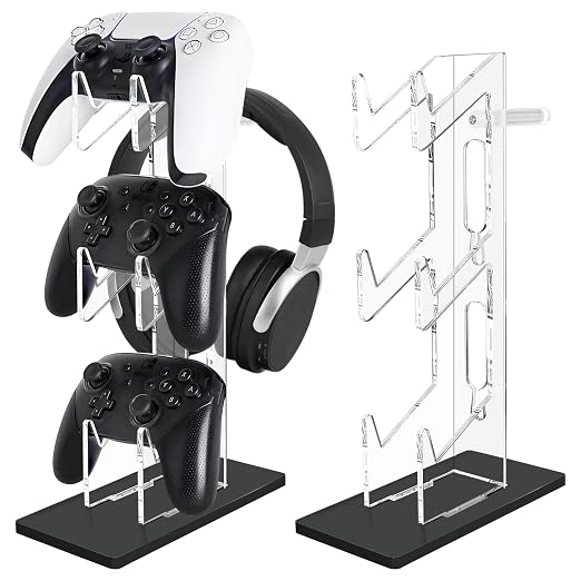 FYY Game Controller Holder 3 Tiers - Universal Dual Controller Stand Headphone Holder, Acrylic Black Controller Display Stand Compatible with Nintendo Switch Xbox PS5 PS4, Desk Mounts for Controller by FYY
